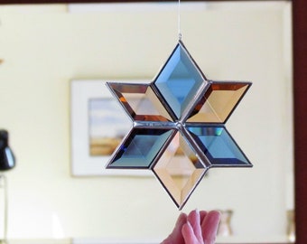 Morphing Star - Blue and Peach Beveled Stained Glass Suncatcher - Hanging Sculpture - Indoor Outdoor Garden Art