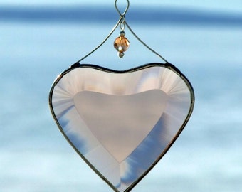 Peach Champagne Beveled Glass Heart Suncatcher with Beads and a Silver Line