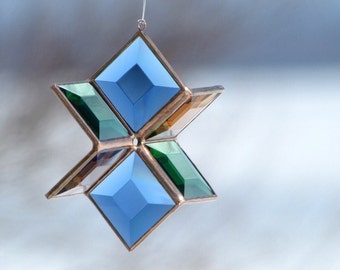 3D Stained Glass Star Blue, Green Peach-Champagne and Copper Lines - Medium Size