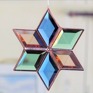 Stained Glass Star Suncatcher Geometric Blue Green Peach Copper Color Indoor Outdoor Garden Art Hanging Sculpture Handmade in Canada image 1