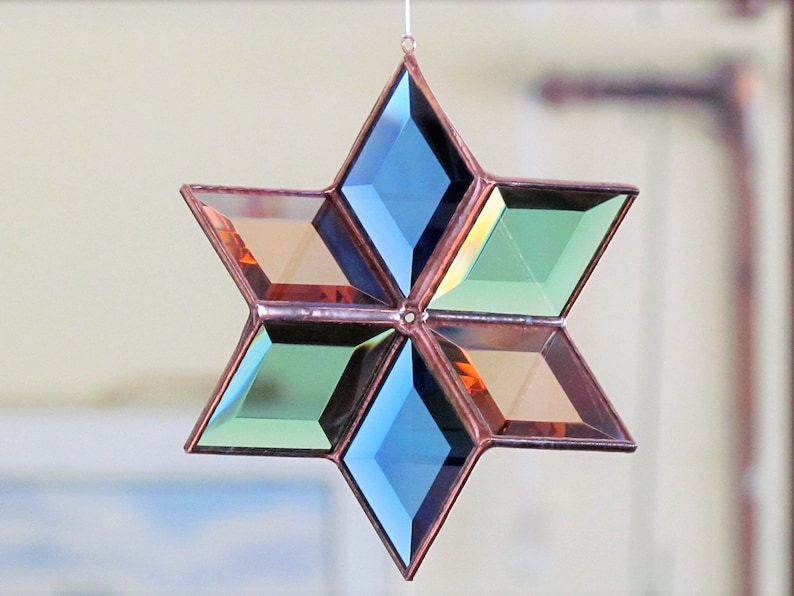 Stained Glass Star Suncatcher Geometric Blue Green Peach Copper Color Indoor Outdoor Garden Art Hanging Sculpture Handmade in Canada image 1