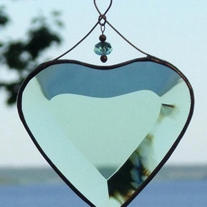 Green Beveled Stained Glass Heart Suncatcher with Beads and a Copper Line image 2
