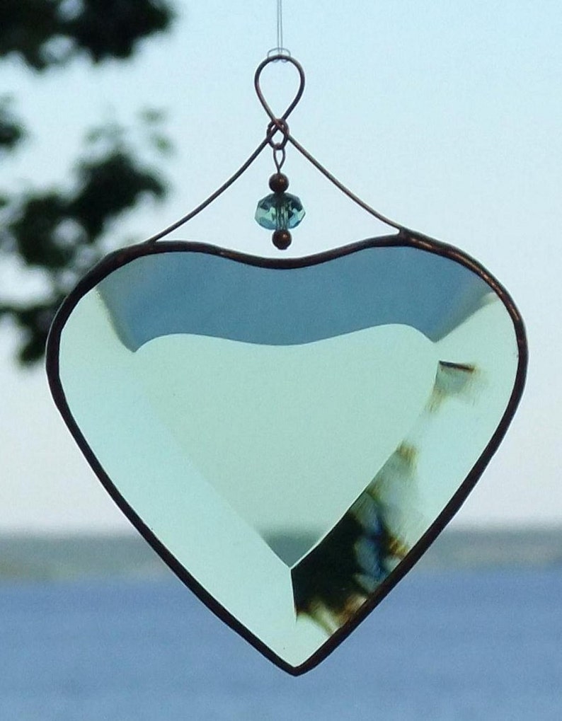 Green Beveled Stained Glass Heart Suncatcher with Beads and a Copper Line image 2