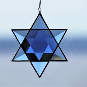 Blue Beveled Stained Glass Star of David Suncatcher - Hanukkah Decor