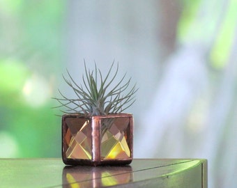 Mini Air Plant Holder Peach Copper Stained Glass Terrarium Cubed Glass Box Planter