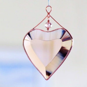 Peach Champagne Beveled Glass Heart Suncatcher Ornament with Beads and a Copper Line image 6