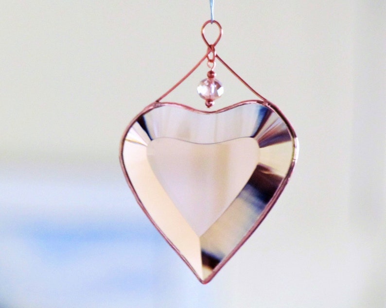 Peach Champagne Beveled Glass Heart Suncatcher Ornament with Beads and a Copper Line image 6