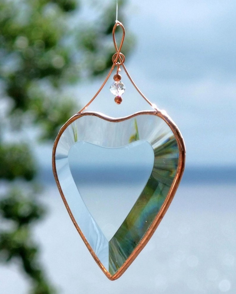 Clear Beveled Glass Heart Ornament with Beads and a Copper Etsy