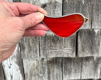 Red Stained Glass Bird Suncatcher - Bright Fun Happy Folk Art Ornament - Unique Gift Idea for Nature Lover - Hand Crafted in Canada
