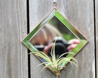 Beveled Mirror Air Plant Holder, Small Diamond Shape Copper Wall Hanging Vertical Planter, Minimal Decor, Handcrafted in Canada