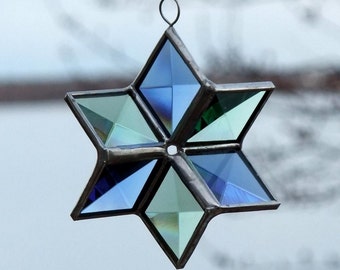 3D Morphing Crystal Star Suncatcher - Blue Green and Silver Toned Stained Glass Geometric Ornament - Handcrafted in Canada