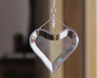 June Birthday Bright Crystal Suncatcher, Clear Bevel Stained Glass Heart Ornament with Light Amethyst, Gift Boxed, Handcrafted  in Canada