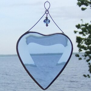 Blue Beveled Glass Heart Ornament with Beads and Siver Lines Romantic Stained Glass Gift Idea Handmade in Canada image 3