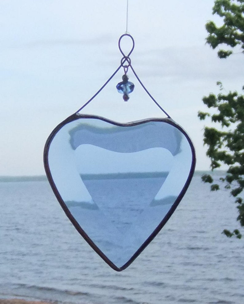 Blue Beveled Glass Heart Ornament with Beads and Siver Lines Romantic Stained Glass Gift Idea Handmade in Canada image 3