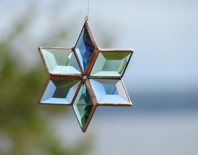 3D Stained Glass Star Blue Green Copper Suncatcher Handcrafted in Canada zdjęcie 1