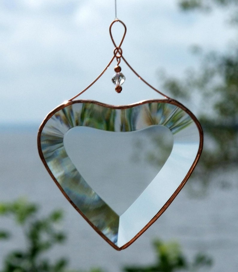 Clear Beveled Glass Heart Ornament with Beads and a Copper Etsy