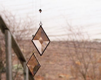 Hanging Mobile Geometric Rose Gold Glass Crystal and Copper Stained Glass Mobile Peach Diamond Shapes Gift Boxed Handmade in Canada