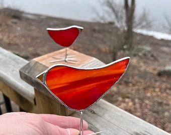 Stained Glass Suncatchers - Mother Bird, Baby Bird - Red Folk Art Ornaments - Playful Fun Unique Gift for Her - Set of Two - Made in Canada