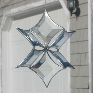 3D Stained Glass Snowflake Suncatcher, Clear and Silver Beveled Glass Hanging Ornament, Indoor Outdoor Sculptural Glass Art, Made in Canada image 2