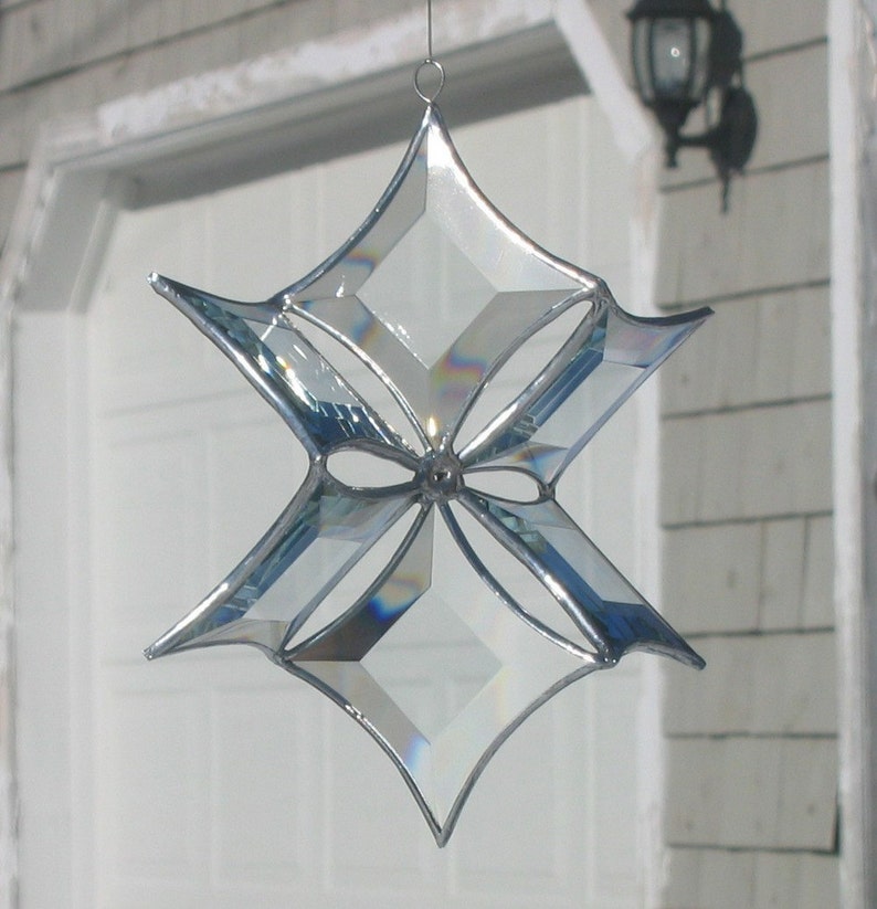 3D Stained Glass Snowflake Suncatcher, Clear and Silver Beveled Glass Hanging Ornament, Indoor Outdoor Sculptural Glass Art, Made in Canada image 2