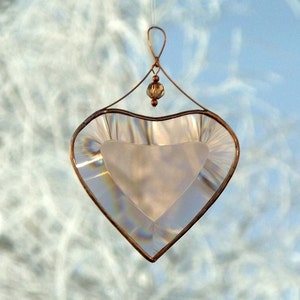 Peach Champagne Beveled Glass Heart Suncatcher Ornament with Beads and a Copper Line image 9