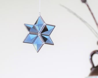 Blue Beveled Stained Glass 3D Star Suncatcher Ornament