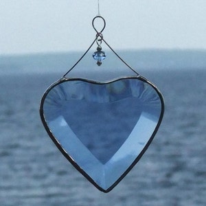 Blue Beveled Glass Heart Ornament with Beads and Siver Lines Romantic Stained Glass Gift Idea Handmade in Canada image 4