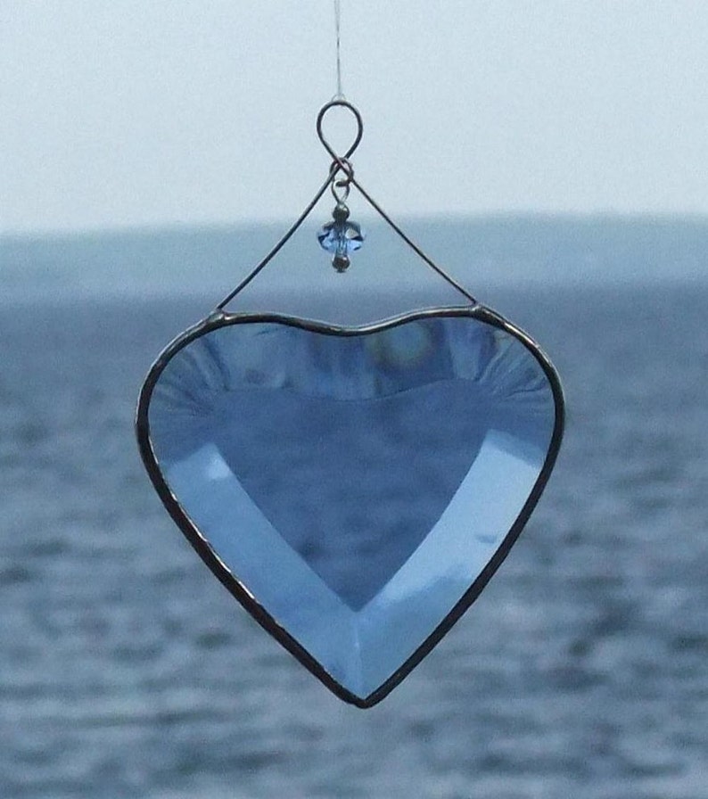 Blue Beveled Glass Heart Ornament with Beads and Siver Lines Romantic Stained Glass Gift Idea Handmade in Canada image 4