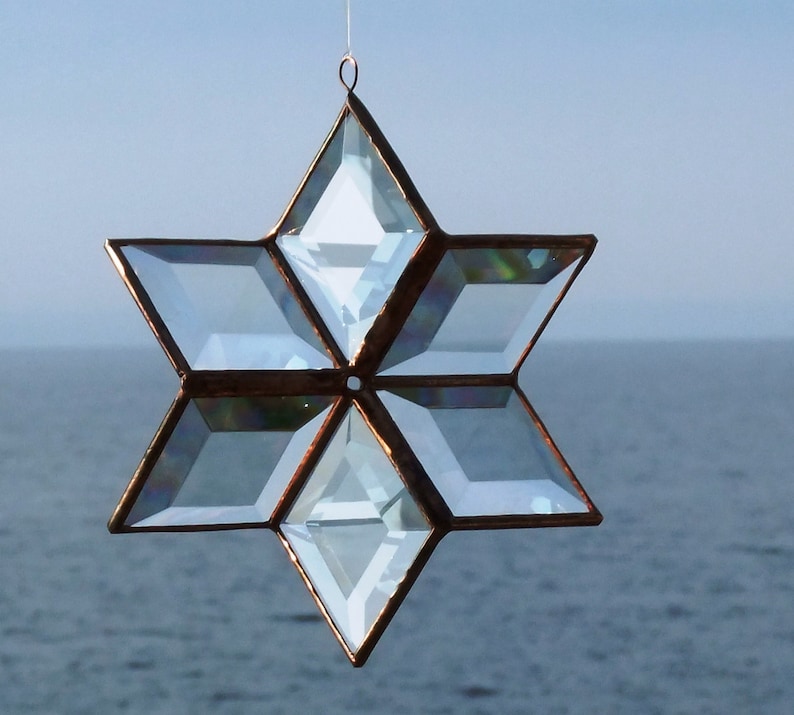 Morphing Star Suncatcher, 3D Clear and Copper Toned Beveled Stained Glass Ornament, Indoor Outdoor Garden Art, Handcrafted in Canada image 3
