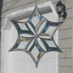 3D Stained Glass Snowflake Suncatcher, Clear and Silver Beveled Glass Hanging Ornament, Indoor Outdoor Sculptural  Glass Art, Made in Canada