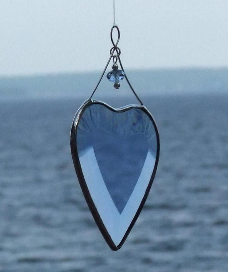 Blue Beveled Glass Heart Ornament with Beads and Siver Lines Romantic Stained Glass Gift Idea Handmade in Canada image 5