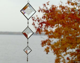 Mobile String of Clear Textured Glass Bevels and Beads Stained Glass Suncatcher Indoor Outdoor Decor Handmade in Canada