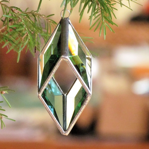 Christmas Tree Ornament - Glass Crystal Chevron Prism - 3D Green Beveled Stained Glass Suncatcher - Handmade in Canada