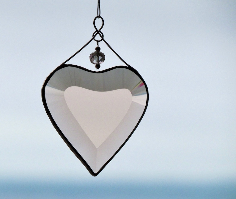 Peach Champagne Beveled Glass Heart Suncatcher Ornament with Beads and a Copper Line image 8