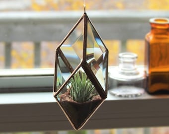 Geometric Air Plant Holder Stained Glass Hanging Terrarium Clear and Copper Colored Diamond Planter Glass Vase