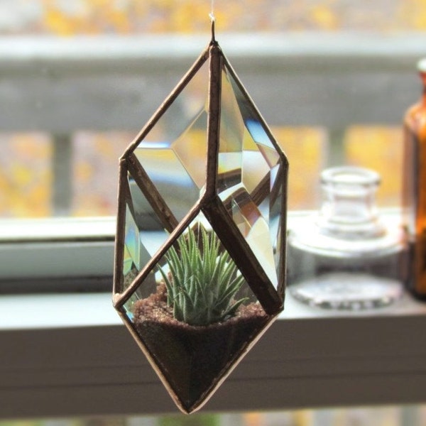 Geometric Air Plant Holder Stained Glass Hanging Terrarium Clear and Copper Colored Diamond Planter Glass Vase