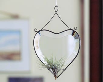 Air Plant Holder Stained Glass Heart Window or Wall Hanging Plant Holder Clear Black Wall Decor Gift Idea Made in Canada