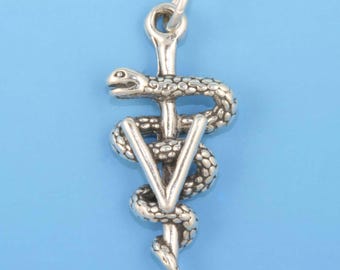 Sterling Silver Veterinarian Doctor Caduceus Charm, Veterinary Asclepius Staff Sign Pendant, Vet Doc Jewelry
