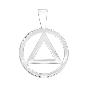 May include: A silver pendant featuring a circle with a triangle inside. The pendant has a loop at the top for a chain. The design is simple and modern, with a polished finish.
