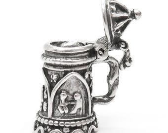 Movable German Beer Stein Sterling Silver Charm, 3D Oktoberfest Mug Pendant