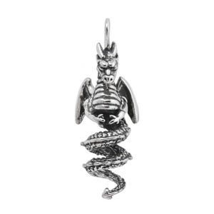 Winged Dragon with Spiral Tail 3D Solid Sterling Silver Pendant, Mythological Creature Jewelry
