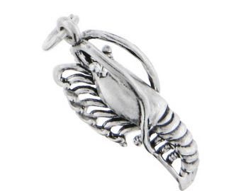 Sterling Silver 3D Shrimp Prawn Crawdad Charm, Crayfish Marine Life Pendant, Food Jewelry