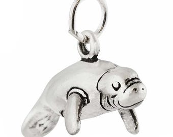 Manatee Sea Cow 3D Sterling Silver Charm, Marine Life Pendant, Ocean Animal Jewelry