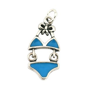 Blue Enamel Bikini Swimsuit Movable 925 Sterling Silver Charm for Bracelet, Enameled Beach Summer Fashion Pendant for Necklace