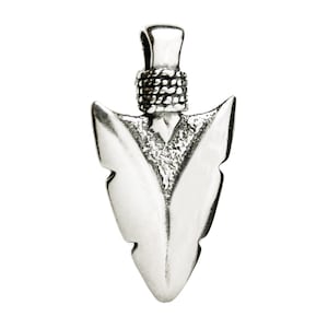 May include: A silver arrowhead pendant. The pendant has a textured surface and a braided detail at the top. The arrowhead shape features two side notches. Designed to be worn as a necklace, it is a classic design.