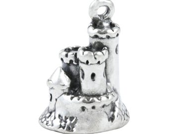 Sand Castle Fortress 3D Sterling Silver Charm for Bracelet, Beach Summer Pendant for Necklace