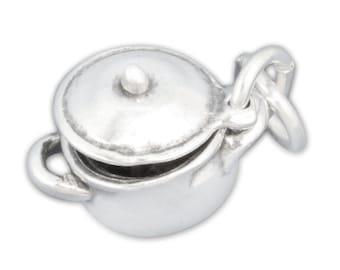 Cooking Pot with Movable Lid 925 Sterling Silver Charm for Bracelet, Chef's Stockpot Pendant
