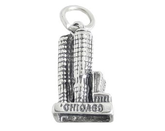 Marina City Building Chicago 3D Sterling Silver Berlock, Illinois Hänge för Halsband, Resesmycken
