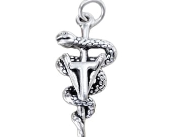 Sterling Silver Vet Tech Caduceus Charm, Veterinary Asclepius Staff Pendant, USA Made