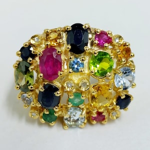 antique style ring 9kt gold, 925 silver with diamonds, rubies, emeralds, topaz, tourmaline and sapphire all natural